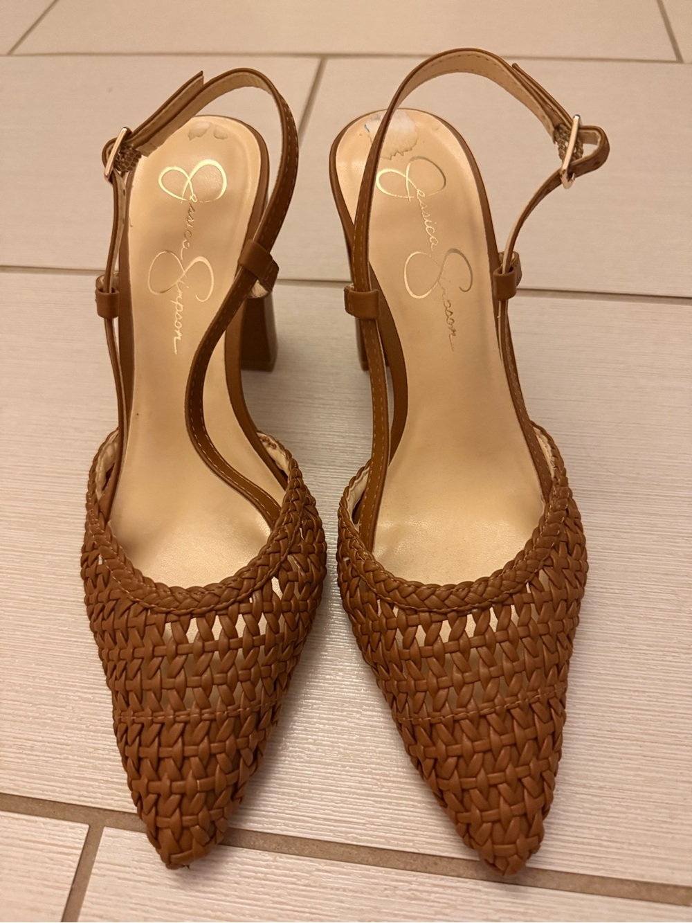 Jessica Simpson Brown Woven Pointed Slingback Heels